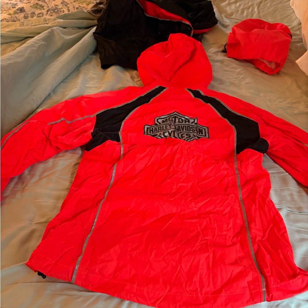 Harley-Davidson orange and black rain jacket and pants